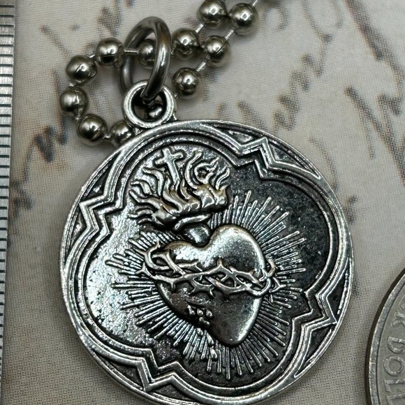Silver Steel Flaming Sacred Heart Religious Medal Charm Pendant Long Steel Cha… - Picture 3 of 6